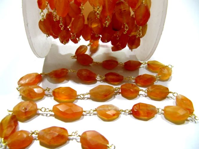 Natural Carnelian Oval Mani Shape Briolette Faceted 6X9mm Size Beaded Wire Wrapped Rosary Chain