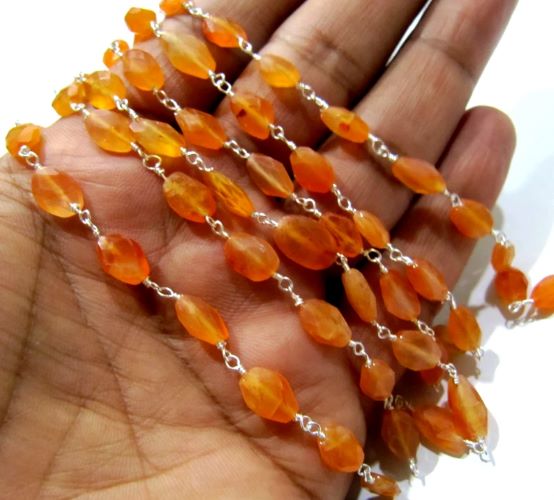 Natural Carnelian Oval Mani Shape Briolette Faceted 6X9mm Size Beaded Wire Wrapped Rosary Chain