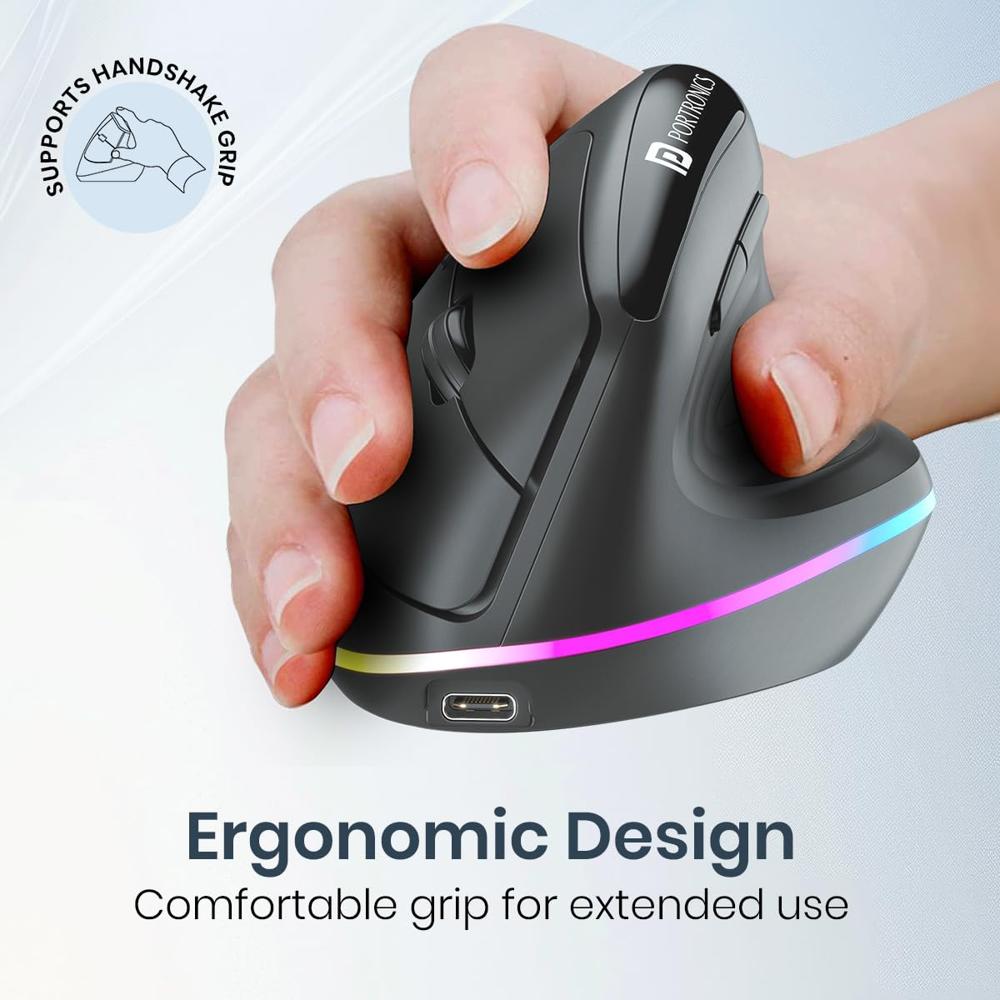Portronics Toad Ergo 3 Ergonomic Wireless Mouse with RGB, 2400 DPI, Dual Mode