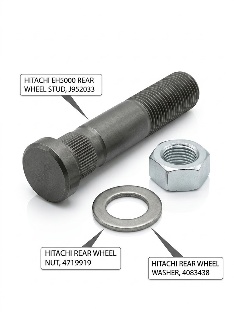 Hitachi EH500 Rear Wheel Stud J952033/Hitachi Rear Wheel Nut 4719919/Hitachi Rear Wheel Washer 4083438
