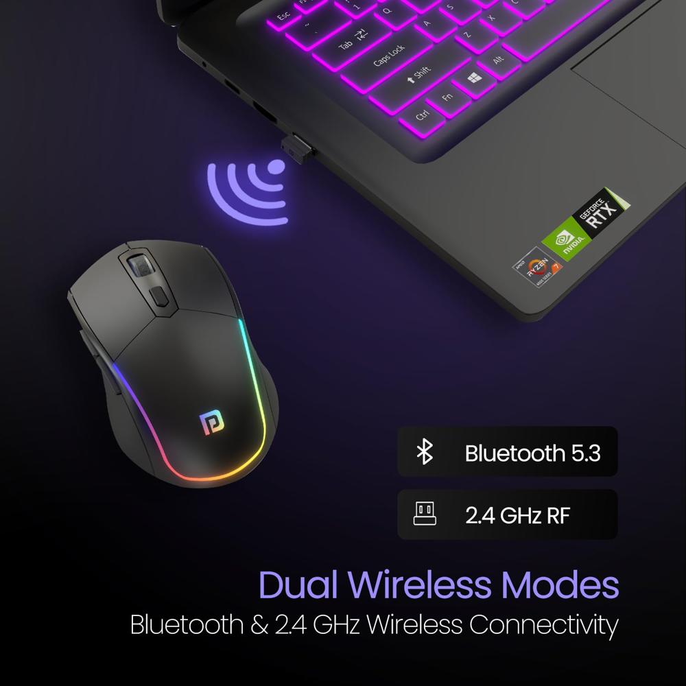 Portronics Toad One Bluetooth Mouse with 2.4 GHz & BT 5.3 Dual Wireless, 6 Buttons,