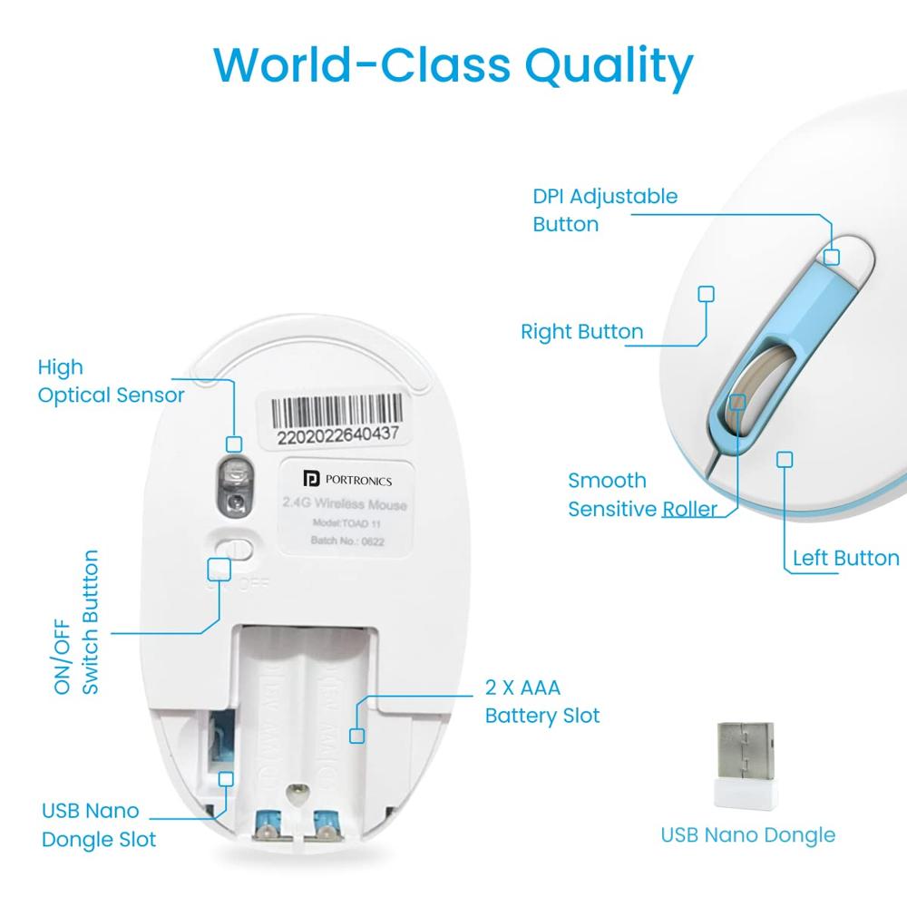 Portronics Toad 11 Wireless Mouse, 2.4 GHz Connectivity with USB Nano Dongle, Adjustable DPI