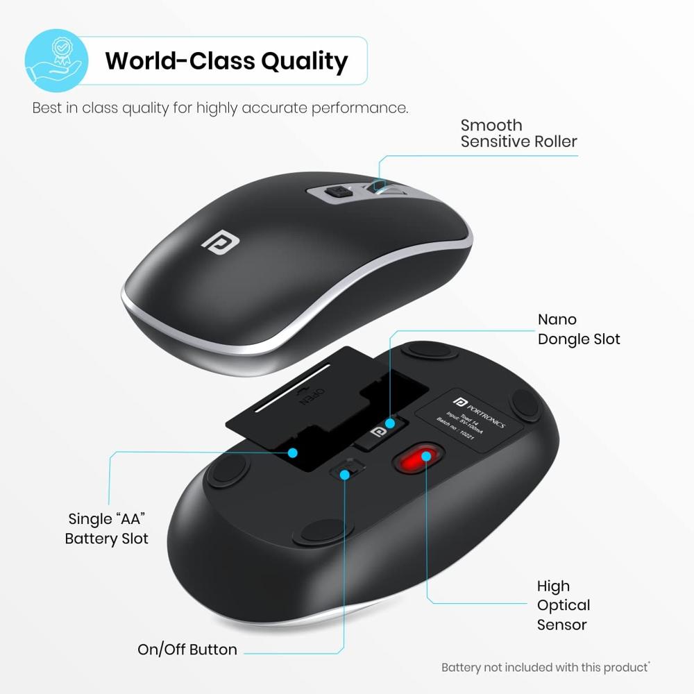 Portronics Toad 14 Wireless Mouse, 2.4 GHz with USB Nano Dongle, up to 1400