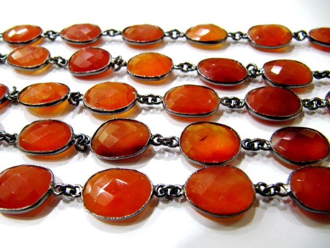 Natural Carnelian Briolette Faceted Uneven Free Shape 10 to 15mm Gemstone Bezel Connector Chain
