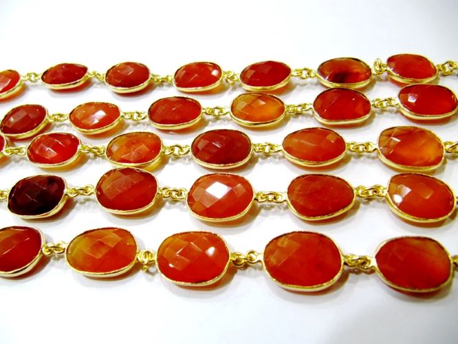Natural Carnelian Briolette Faceted Uneven Free Shape 10 to 15mm Gemstone Bezel Connector Chain