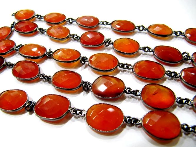 Natural Carnelian Briolette Faceted Uneven Free Shape 10 to 15mm Gemstone Bezel Connector Chain