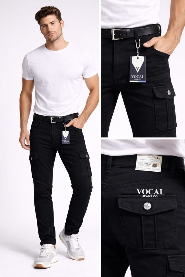 Vocal Mens Premium Black Cargo Stylis Look Round Pockets