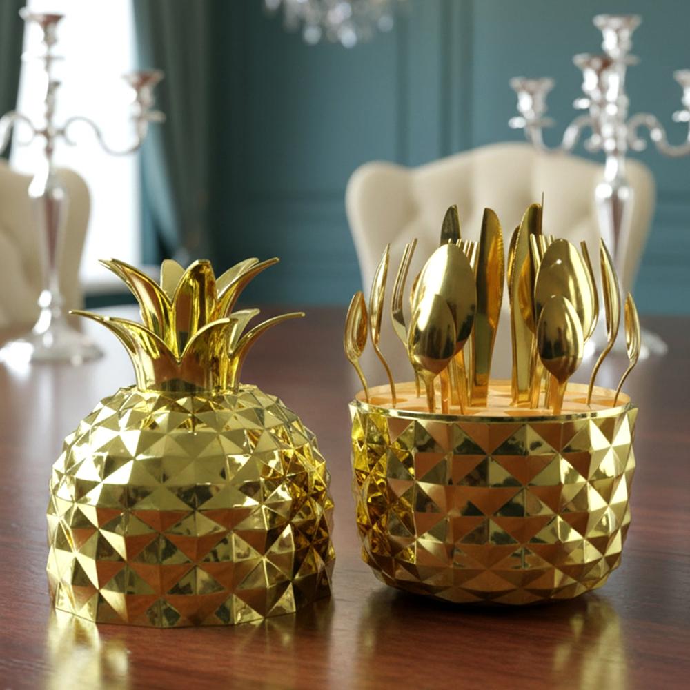 Stainless Steel Golden Cutlery Set With Pineapple Storage Stand (24 Pc Set) - Color: Mix