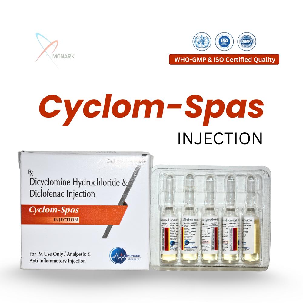 Dicyclomine Hydrochloride 10Mg +Diclofenac 25Mg Injection  ( Tray Pack ) - Brand Name: Cyclom -Spas