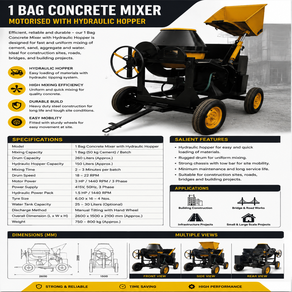 Hydraulic Concrete Mixer - Capacity: 200 Kg