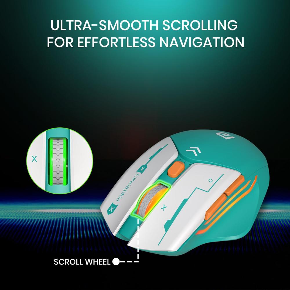 Portronics Vader Max Wireless Rechargeable Mouse, Thumb Support, - Color: Black & Grey & Green