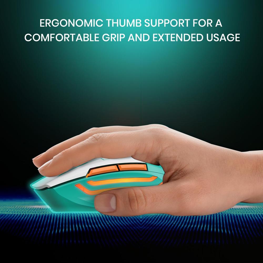 Portronics Vader Max Wireless Rechargeable Mouse, Thumb Support, - Color: Black & Grey & Green