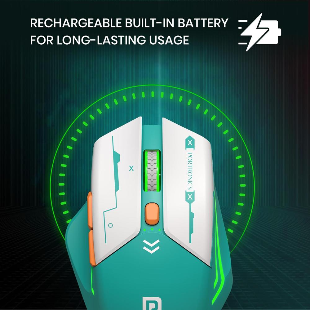Portronics Vader Max Wireless Rechargeable Mouse, Thumb Support, - Color: Black & Grey & Green