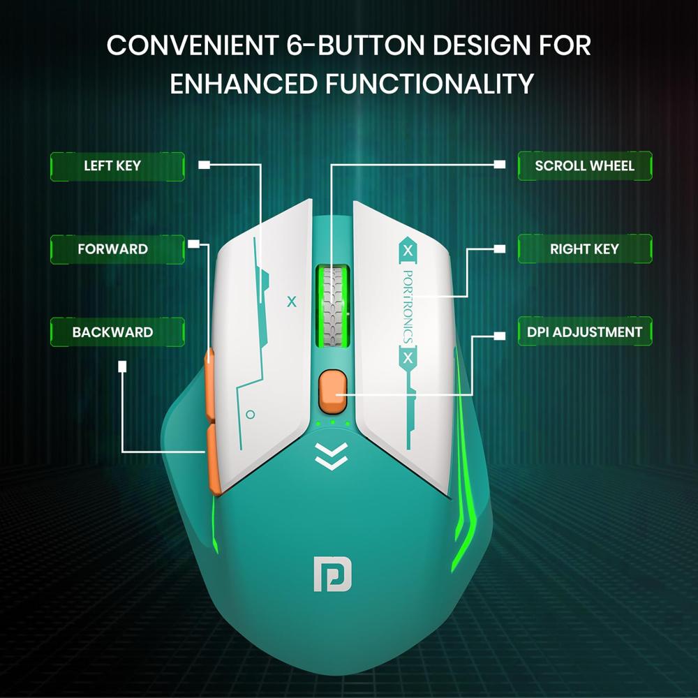 Portronics Vader Max Wireless Rechargeable Mouse, Thumb Support, - Color: Black & Grey & Green