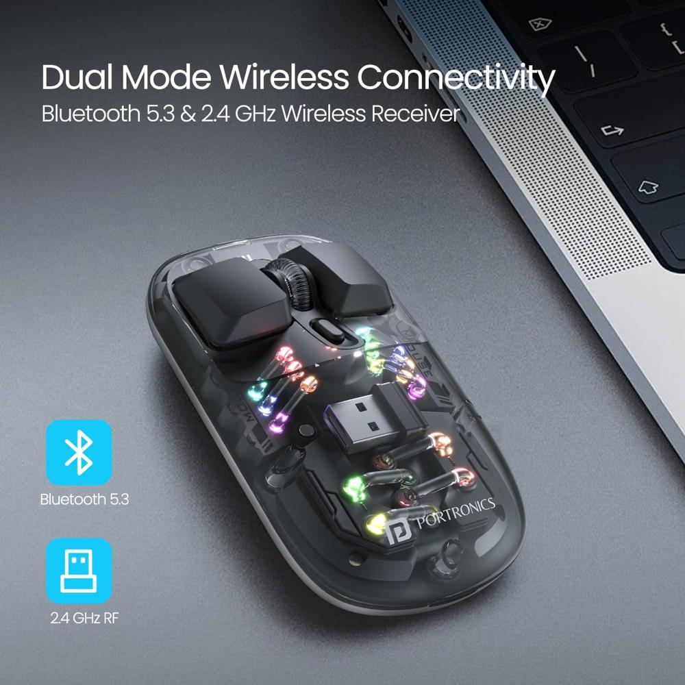 Portronics Toad 5 Transparent Bluetooth Mouse with 2.4 GHz & BT 5.3 Dual Wireless,