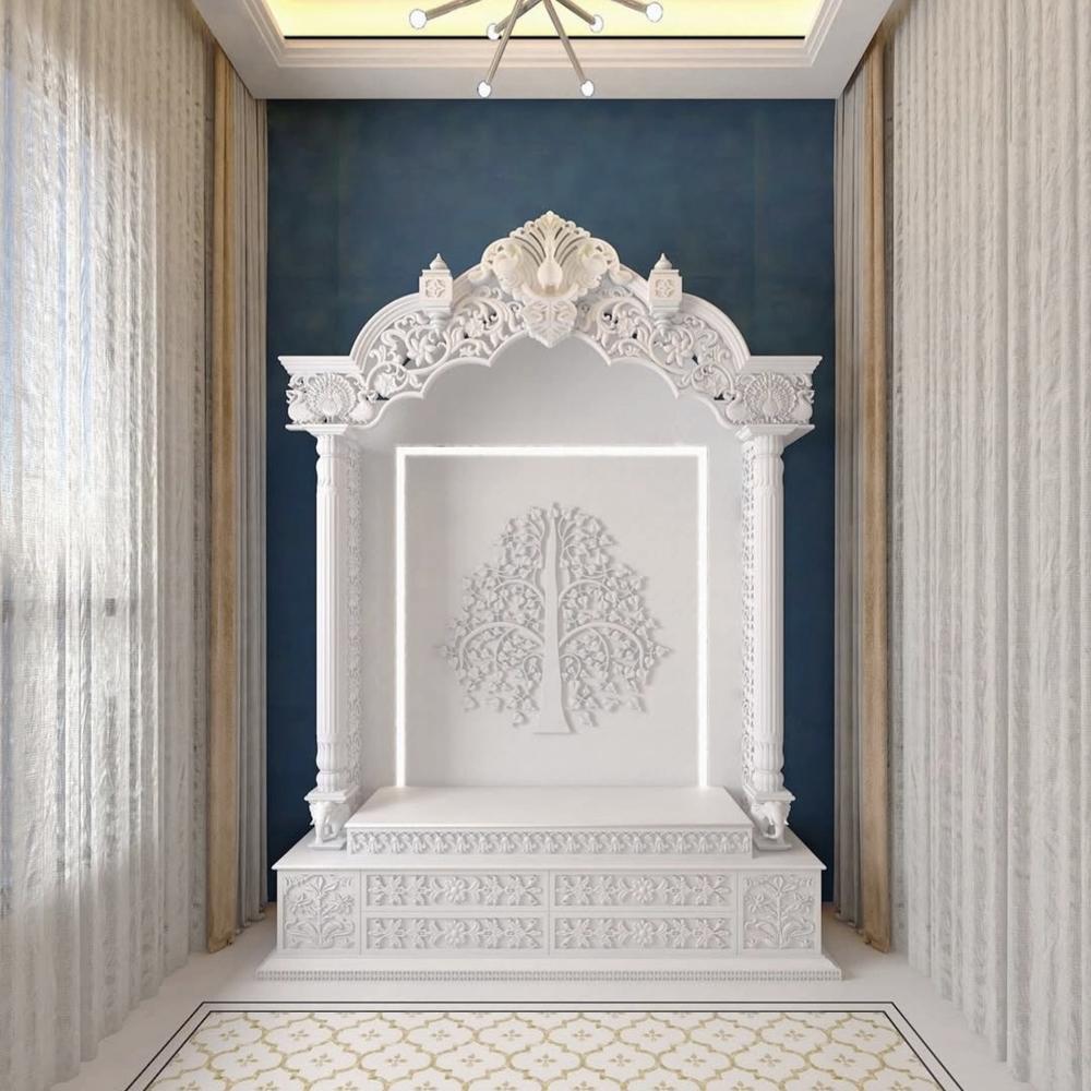 Royal Hand-Carved Makrana Marble Mandir with Tree of Life Design