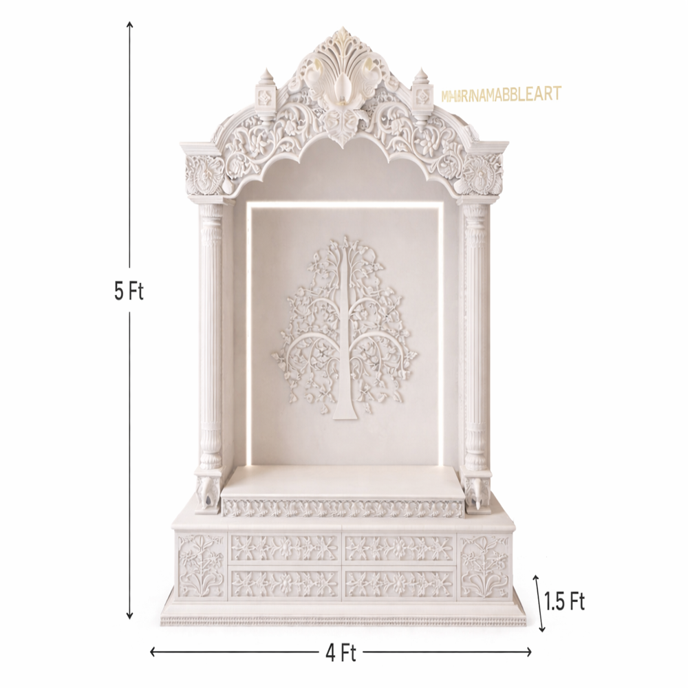 Royal Hand-Carved Makrana Marble Mandir with Tree of Life Design