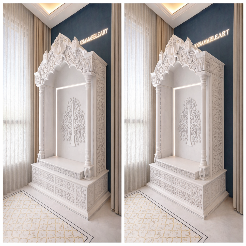 Royal Hand-Carved Makrana Marble Mandir with Tree of Life Design