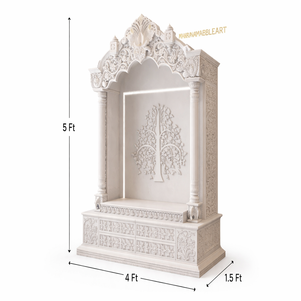 Royal Hand-Carved Makrana Marble Mandir with Tree of Life Design