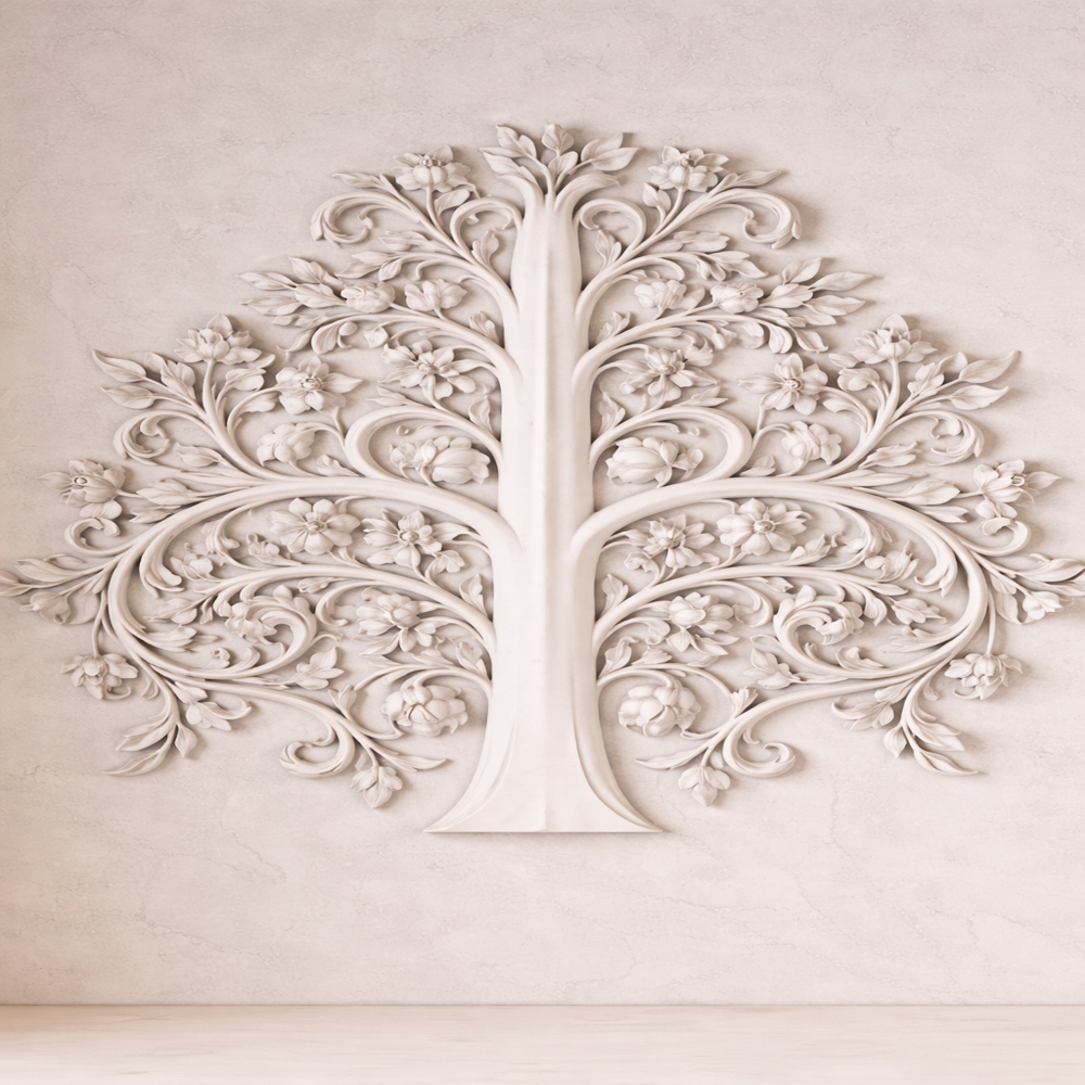 Royal Hand-Carved Makrana Marble Mandir with Tree of Life Design