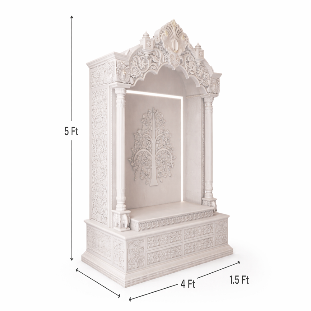 Royal Hand-Carved Makrana Marble Mandir with Tree of Life Design