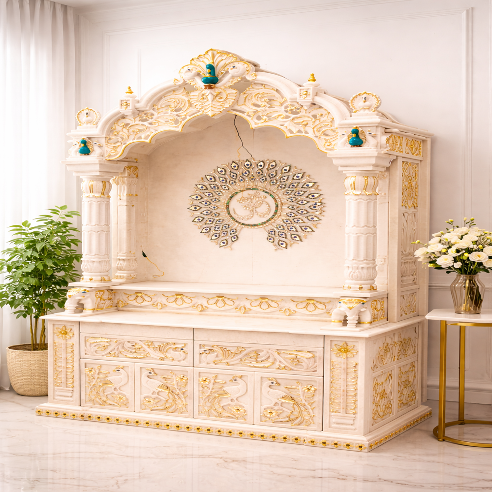 Makrana Marble Royal Peacock Arch Temple with Om Design
