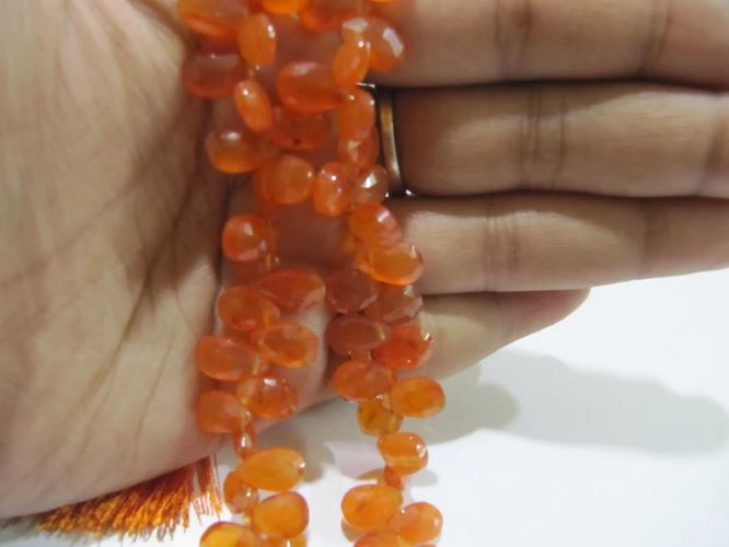 Natural Carnelian Pear Shape Briolette Faceted 7x10mm Gemstone Beads Strand 8 inches long