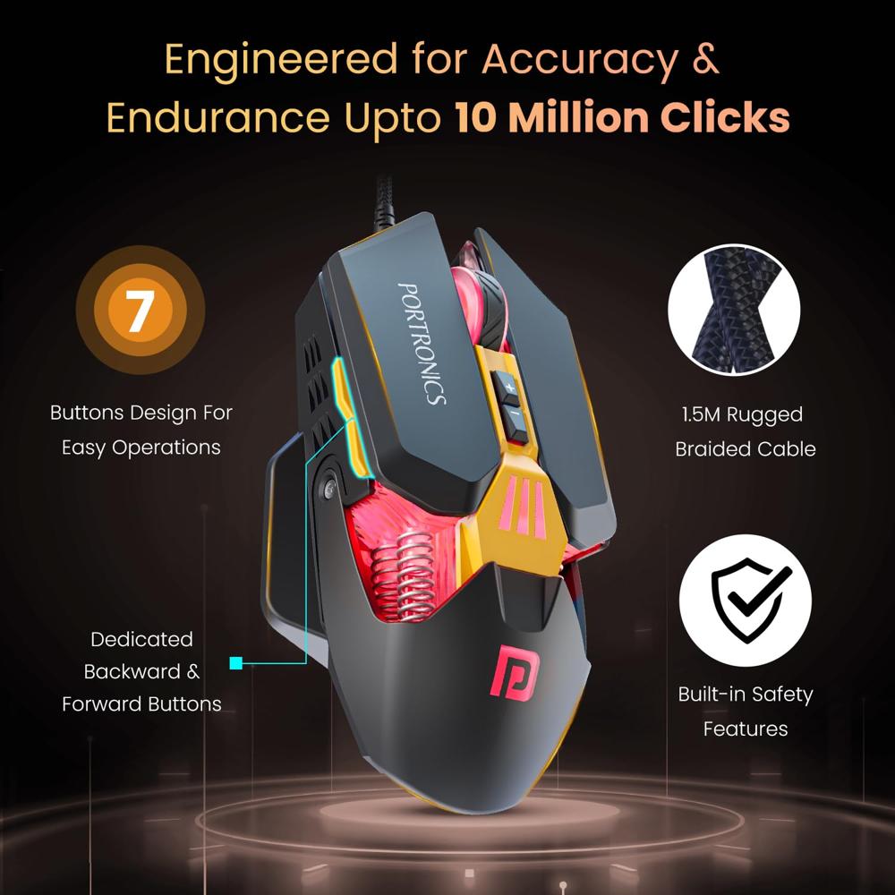 Portronics Vader 2.0 Wired Gaming Mouse With 7 Programmable Button Control, - Color: Black