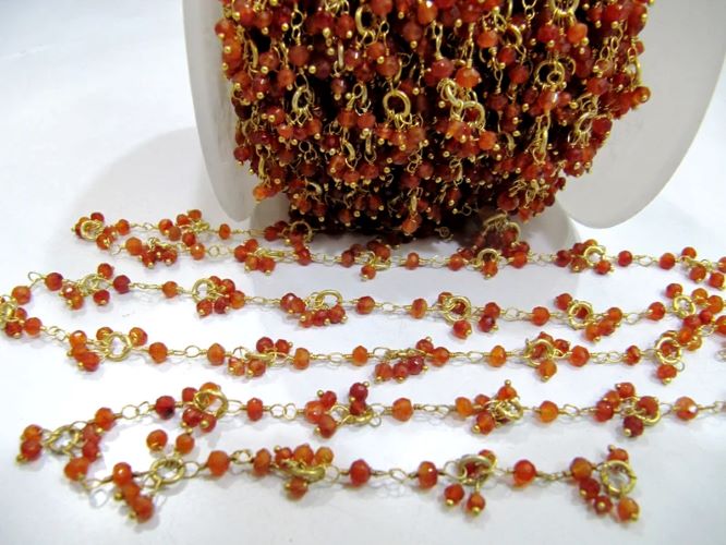 Natural Carnelian Dangling Chain Rondelle Faceted Beaded Cluster Chain 3-4mm Carnelian Bead gemstone Chain