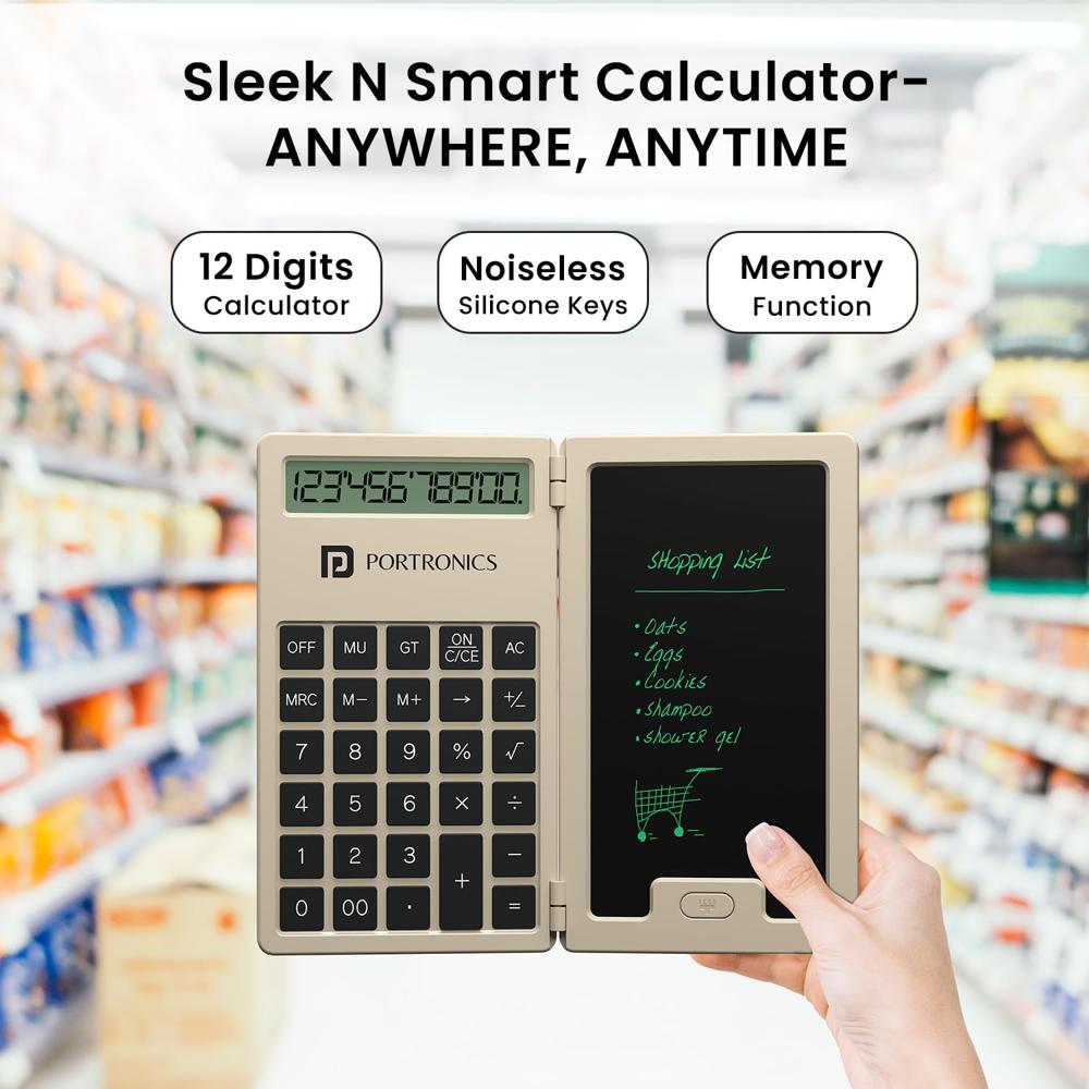 Portronics Ruffpad Calc Mini 2-in-1 Calculator & LCD Writing Pad with 5.5 Inches Tablet, 12 Digits,