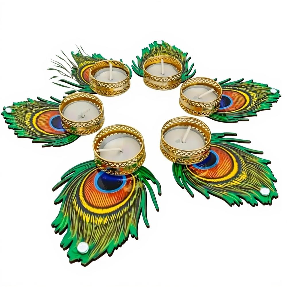 Diya Stand - Handcrafted Brass, Medium 6-8 Inch, Polished Gold | 5 Holder, Traditional Indian Pattern, Corrosion Resistant