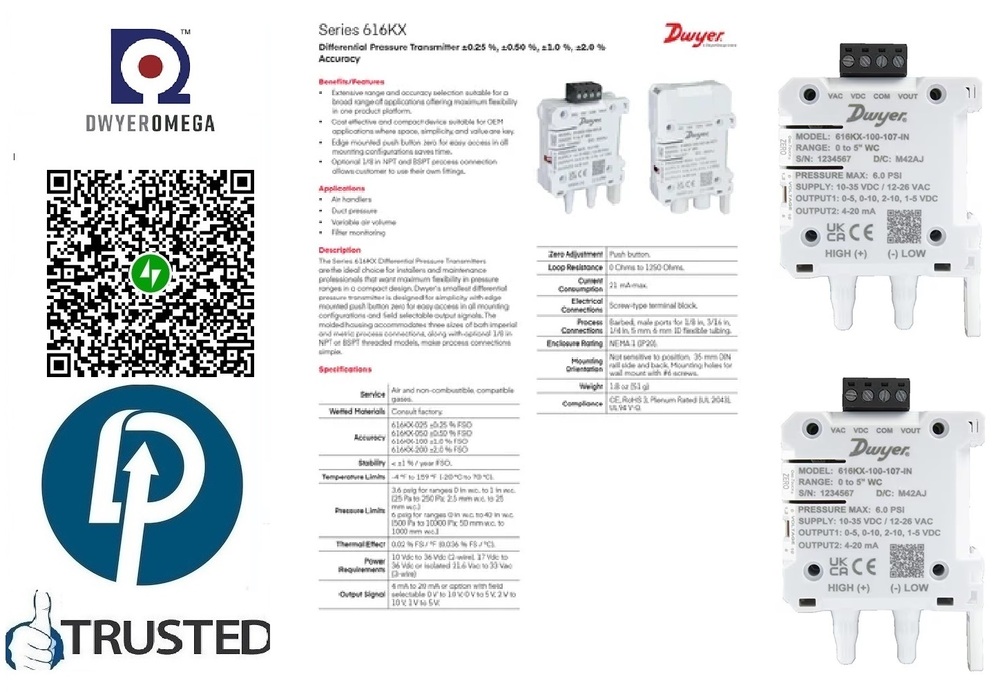 DWYER OMEGA >>Series >> 616KX Differential Pressure Transmitters << Range -0.4 to 0.4 WC