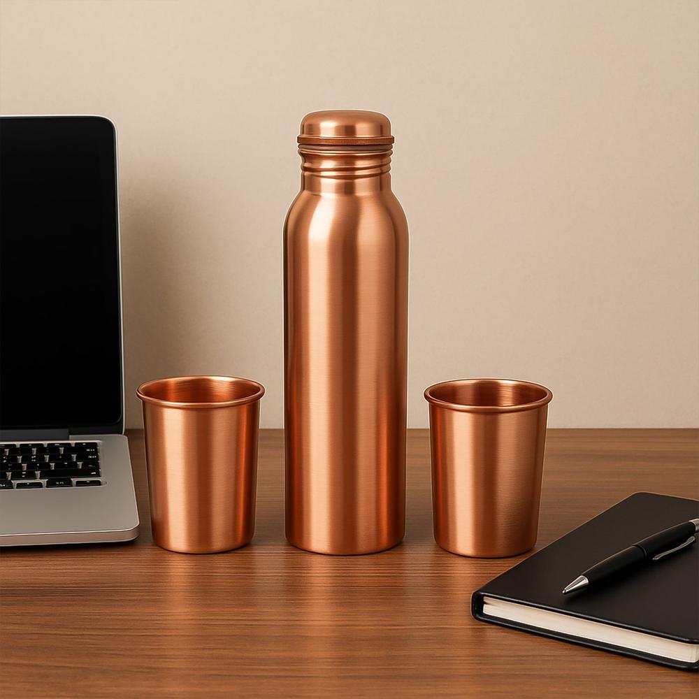Copper Water Bottle 2 Glasses with Gift Box (3 Pcs Set)