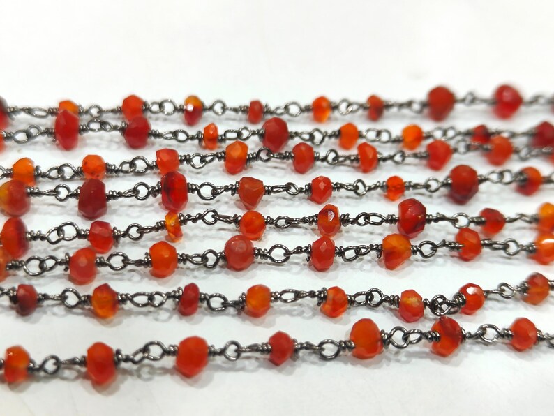 Natural Carnelian Rondelle Faceted 3-4mmBeads Beaded Wire Wrapped Rosary Chain