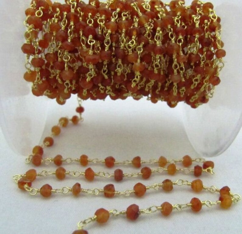 Natural Carnelian Rondelle Faceted 3-4mmBeads Beaded Wire Wrapped Rosary Chain