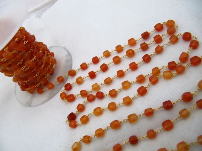 Natural Carnelian Cube Box Shape Faceted Beaded Size 6-7mm Red Onxy Cube shape Rosary Chain