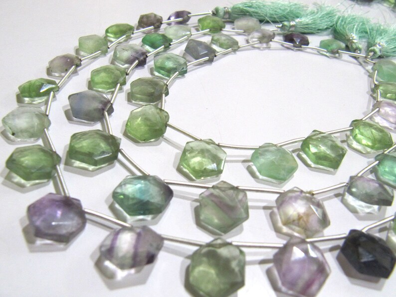 Natural Fluorite Multi color Beads Hexagon Shape Faceted Briolette Beads Size 11-12mm Strand 10Inch Long