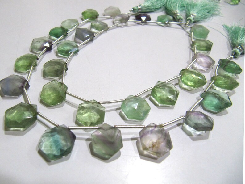 Natural Fluorite Multi color Beads Hexagon Shape Faceted Briolette Beads Size 11-12mm Strand 10Inch Long