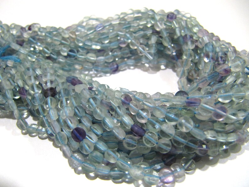 Natural Fluorite Faceted Coin Beads Size Exact 4mm, Micro Size Strand 13 Inches Long,