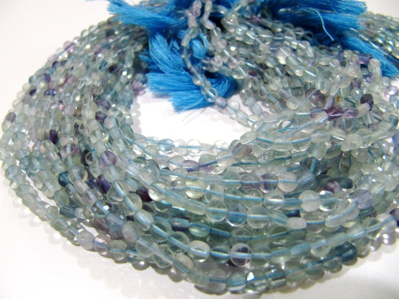 Natural Fluorite Faceted Coin Beads Size Exact 4mm, Micro Size Strand 13 Inches Long,