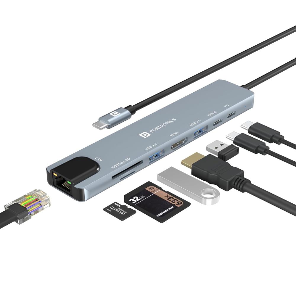 Portronics Mport 8 USB-C USB हब/डॉकिंग स्टेशन (8-इन-1) जिसमें 4K 30Hz HDMI, 100