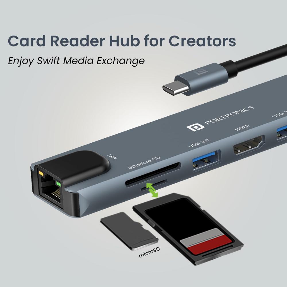 Portronics Mport 8 USB-C USB Hub/Docking Station(8-in-1) with 4K 30Hz HDMI, 100