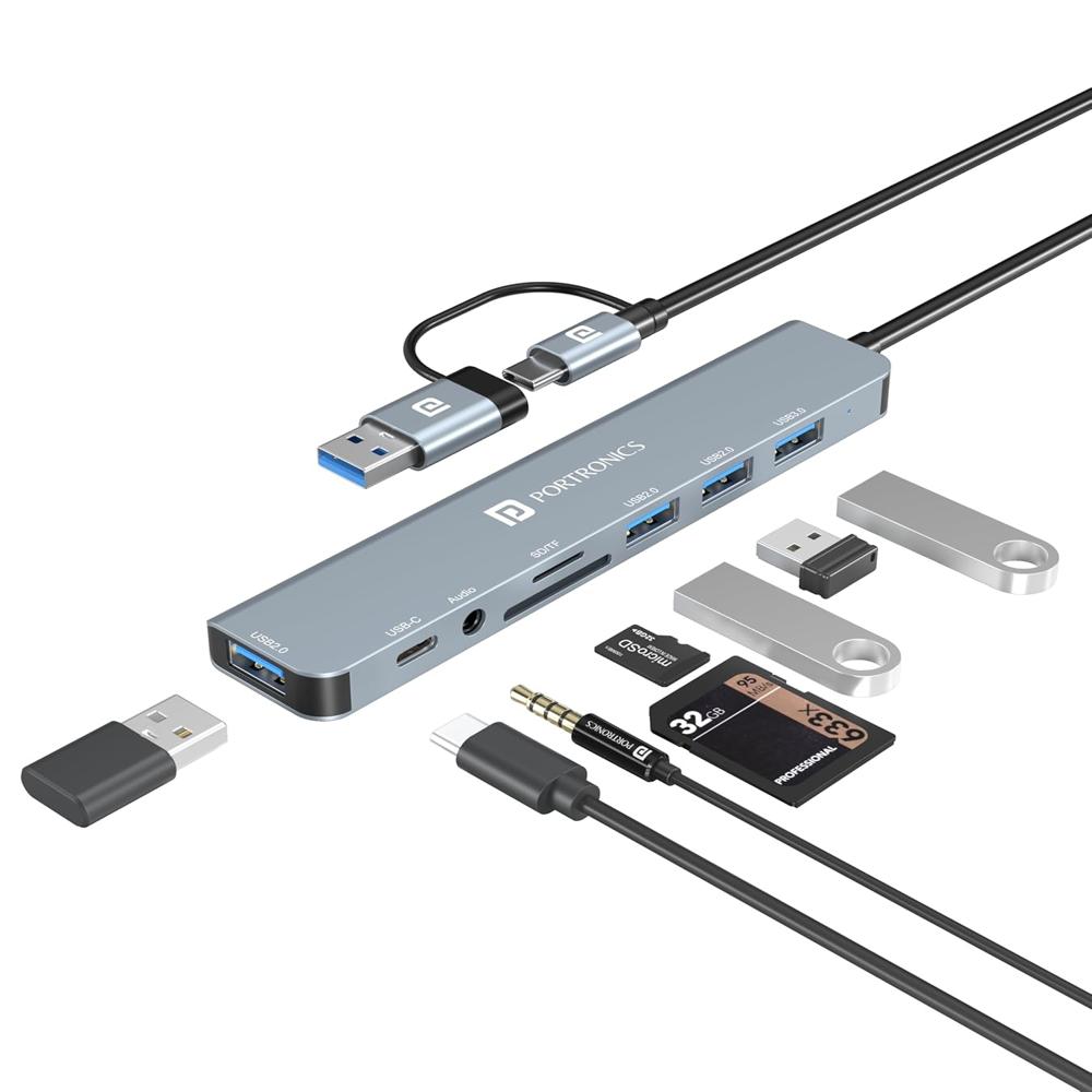 Portronics Mport 8 Plus Dual Plug 8-in-1 Docking Station/Hub with AUX, USB 3.0,