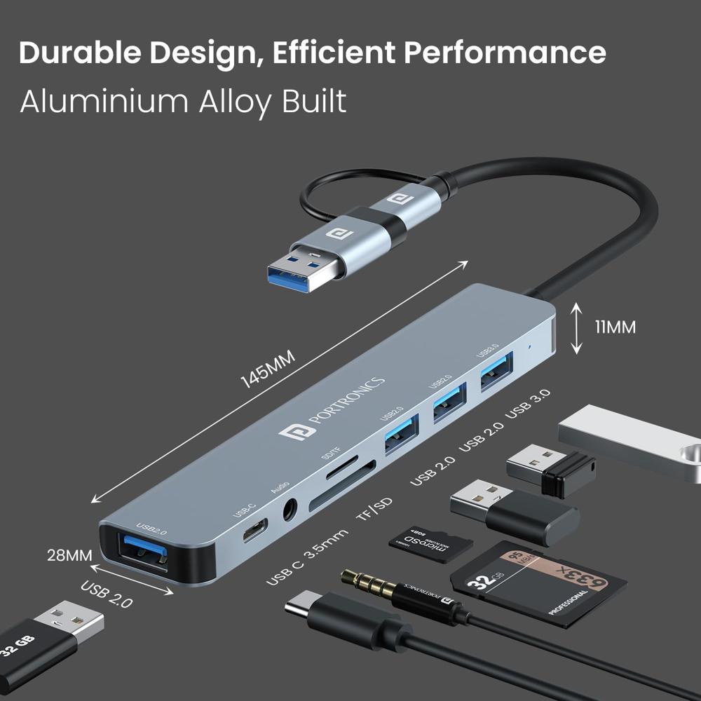 Portronics Mport 8 Plus Dual Plug 8-in-1 Docking Station/Hub with AUX, USB 3.0,