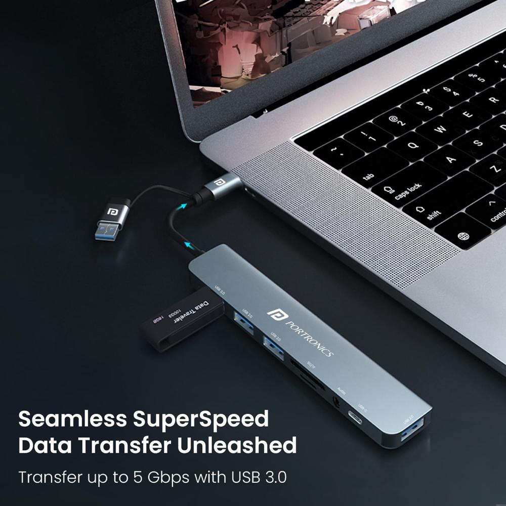 Portronics Mport 8 Plus Dual Plug 8-in-1 Docking Station/Hub with AUX, USB 3.0,