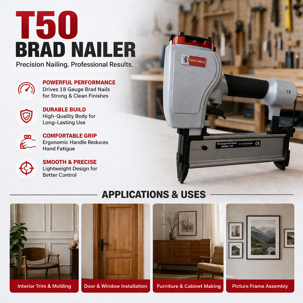 Brad Nailer, 18 Gauge, Pneumatic Nail Gun (T50) - Color: Silver