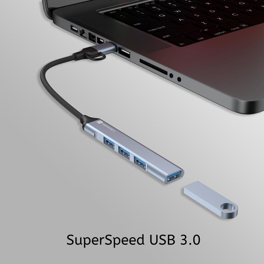 Portronics Mport 31 Pro USB 3.0 Hub Dock (4-in-1) with Type-C & USB Dual Plugs, USB 3.0