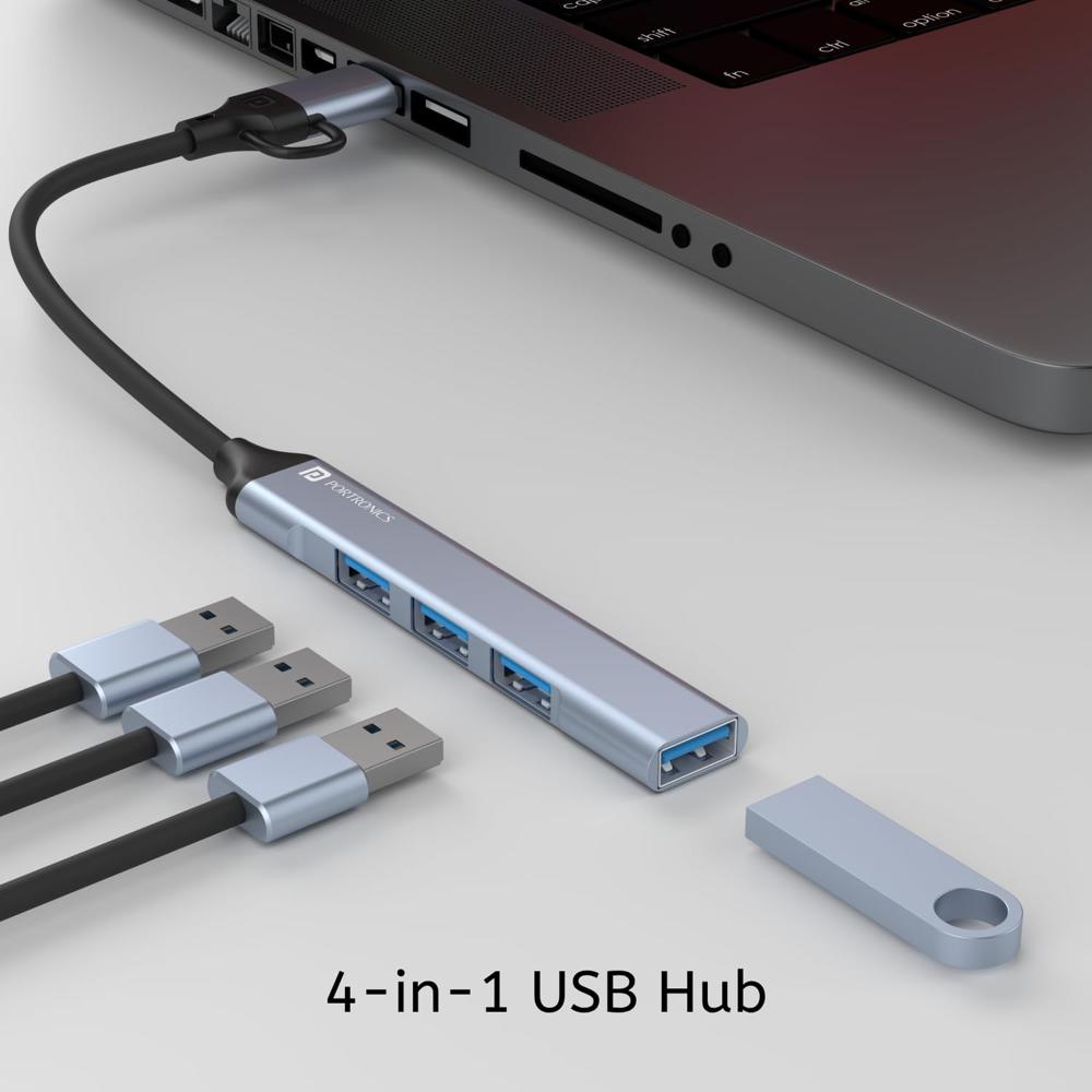 Portronics Mport 31 Pro USB 3.0 Hub Dock (4-in-1) with Type-C & USB Dual Plugs, USB 3.0
