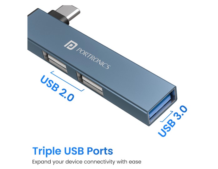 Portronics Mport Mino C USB-C Hub with 3 USB Ports, Type C Plug, USB 3.0, 2-Port USB 2.0 POR-2730 USB Hub (Grey)