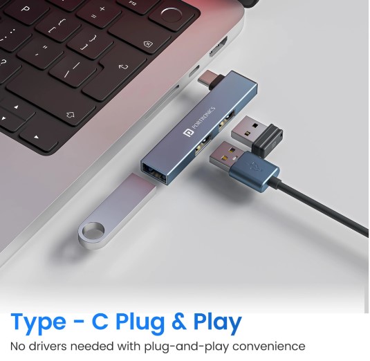 Portronics Mport Mino C USB-C Hub with 3 USB Ports, Type C Plug, USB 3.0, 2-Port USB 2.0 POR-2730 USB Hub (Grey)